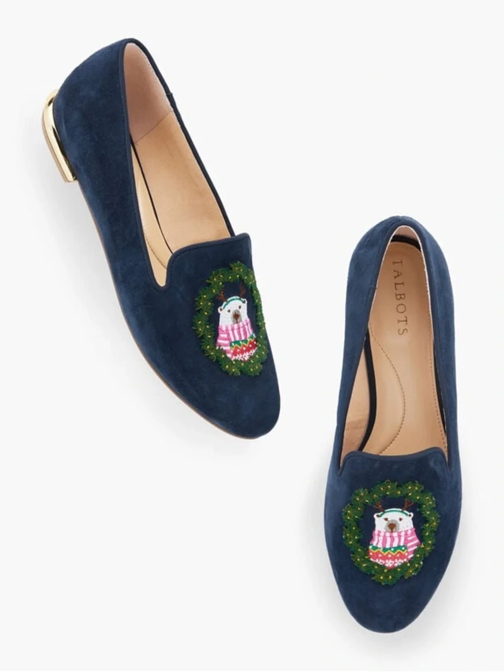 Talbots Size 9M Navy Suede Ryan Embroidered Loafers Holiday Polar Bears‎